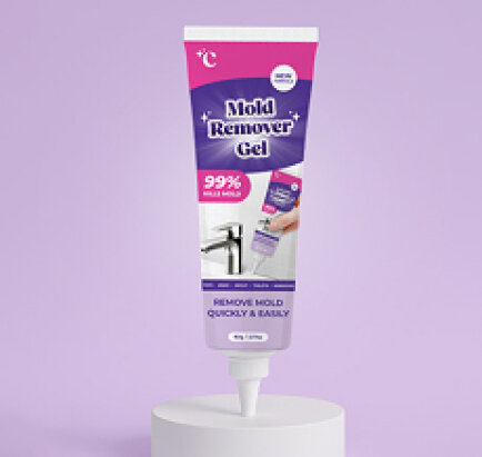 Tube labeled mold remover gel on a pale background.